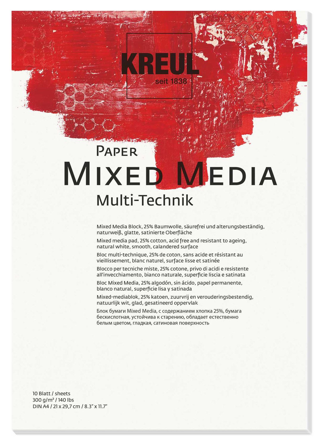 KREUL 69021 Paper Mixed Media, DIN A4, 200 g/m², 10 Sheets, Acid-Free and Age-Resistant, Natural White, for All Mixed Media Fine Art Techniques, for Wet or Dry Painting Applications
