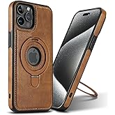 VAUSERDY Magnetic for iPhone 12 Pro Max Leather Case,Invisible Stand [Compatible with Magsafe] Slim Kickstand Phone Cove (Brown, iPhone 12 Pro Max)