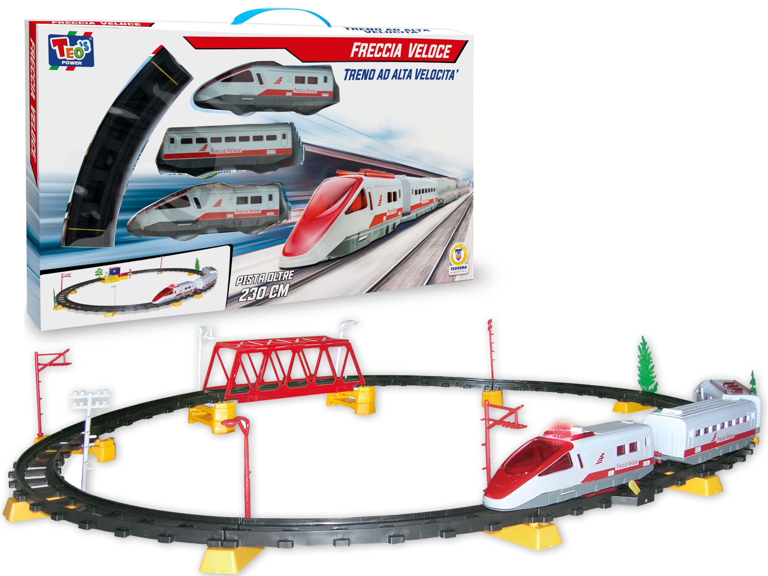 Teorema Giocattoli Fast Arrow Track Electric Train Children's Toy Train with Lights, Circuit 230 cm with Bridge and Realistic Accessories, Easy to Assemble, White/Red