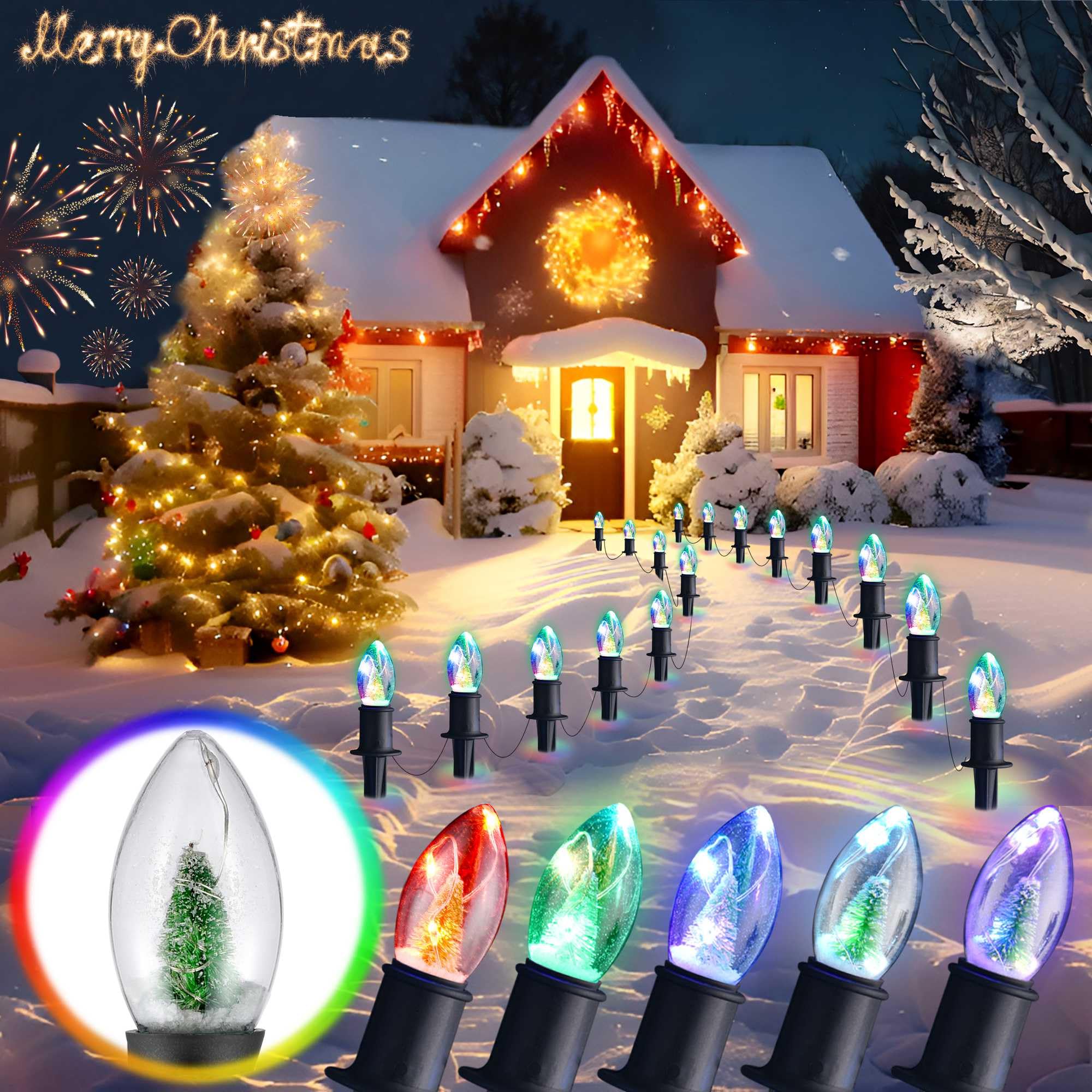 Photo 1 of GAGALIFE C9 Christmas Pathway Lights Outdoor - 24ft 20 LED Christmas Lights with Marker Stakes, Color Changing String Lights for Walkway Yard Decorations Waterproof Plug in Multicolor