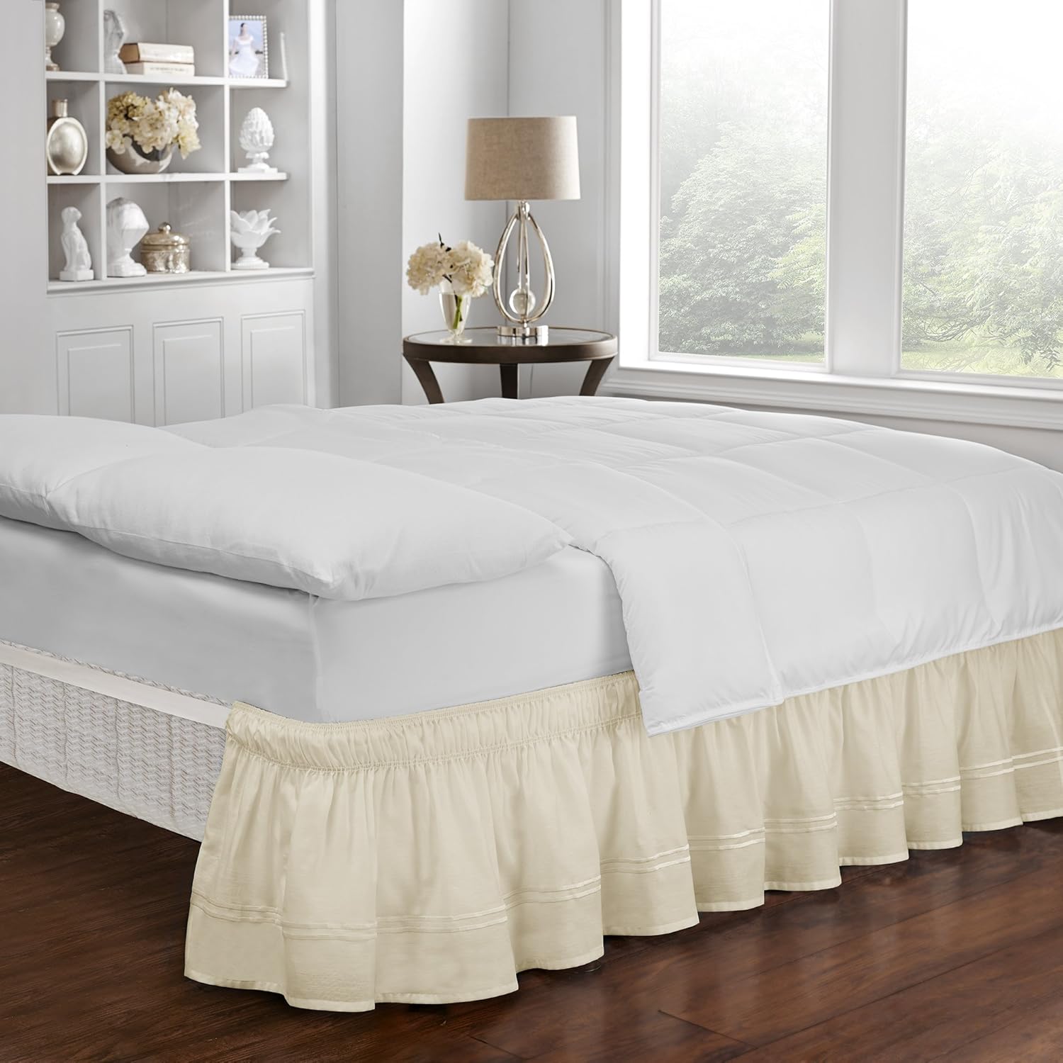Easy Fit Embroidered Bed Skirt - Baratta Wrap Around Easy On/Off Dust Ruffle 18-Inch Drop Bedskirt, Queen/King, Camel