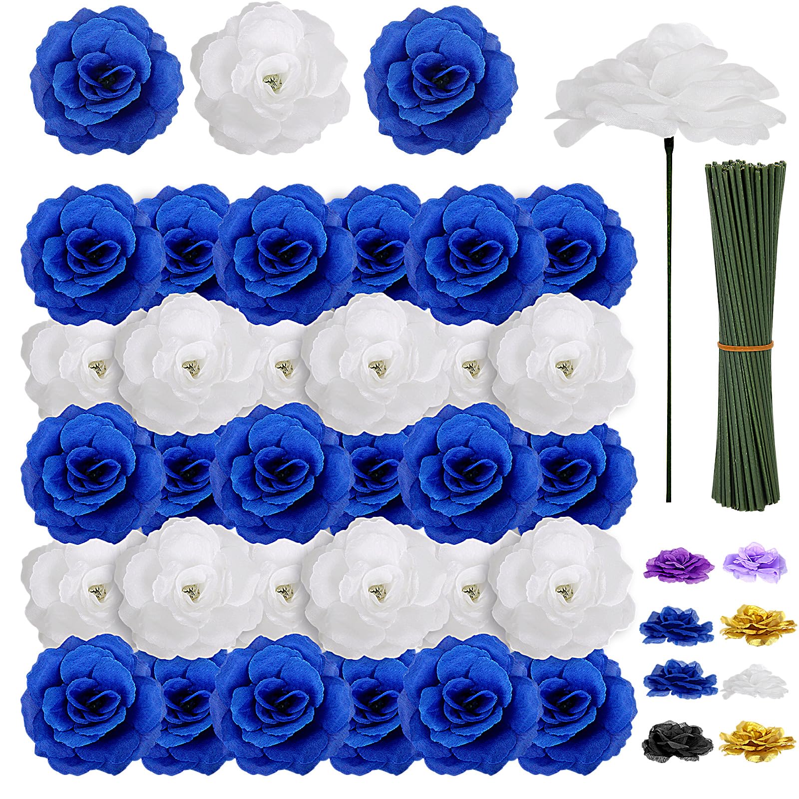 Photo 1 of 108pcs Roses Head Flowers with Stem - Blue & White Artificial Flowers Rose Bulk - Silk Royal Blue Rose Fake Flower for Wedding Bouquet Party Home Decor DIY Baby Shower Centerpieces Tables Decoration