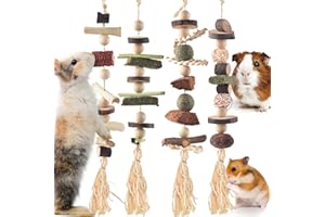 DBNESS 4 Pcs Bunny Chew Toys for Teeth, Hanging Rabbit Chewing Toy Treats with Timothy Grass & Natural Apple Wood, Improve Sm