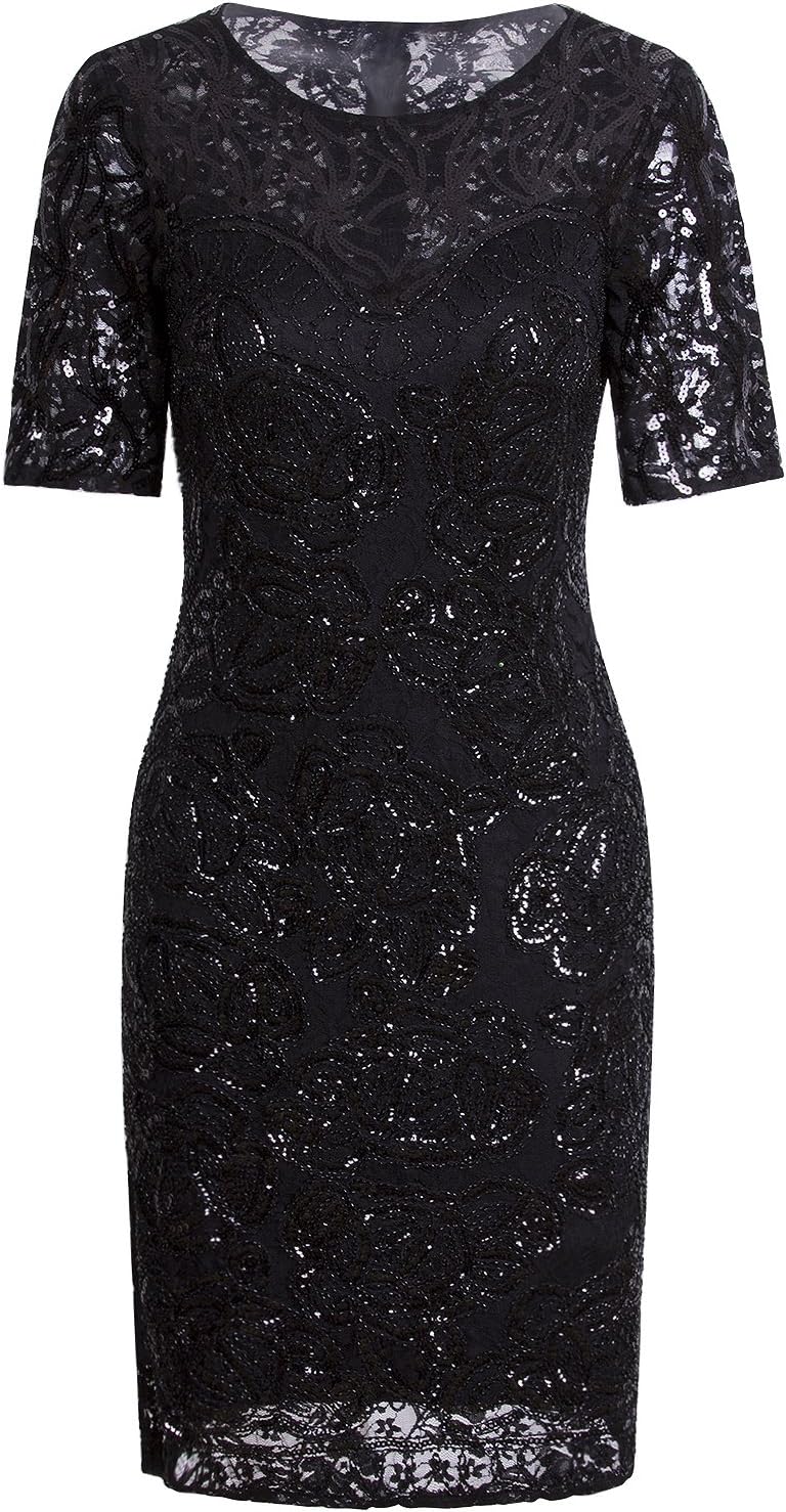 Vijiv Vintage 1920s Gatsby Sequin Beaded Lace Cocktail Party Flapper Dress with Sleeves