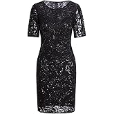 Vijiv Vintage 1920s Gatsby Sequin Beaded Lace Cocktail Party Flapper Dress with Sleeves