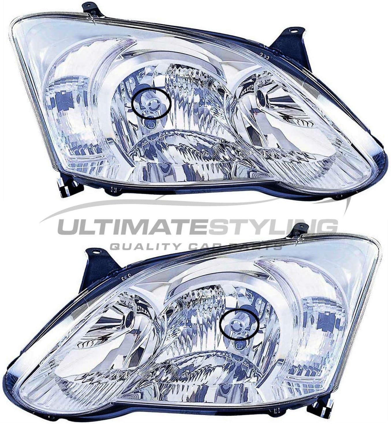 Ultimate Styling Electric Adjustment Halogen Headlights/Headlamps With Load Level Motor Drivers & Passenger Side Internal Colour (Bezel) As Pictured