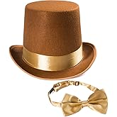 Tigerdoe Brown Top Hat & Bow Tie - Steampunk Hat -Burning Man Costume Hat - Bell Top Hat