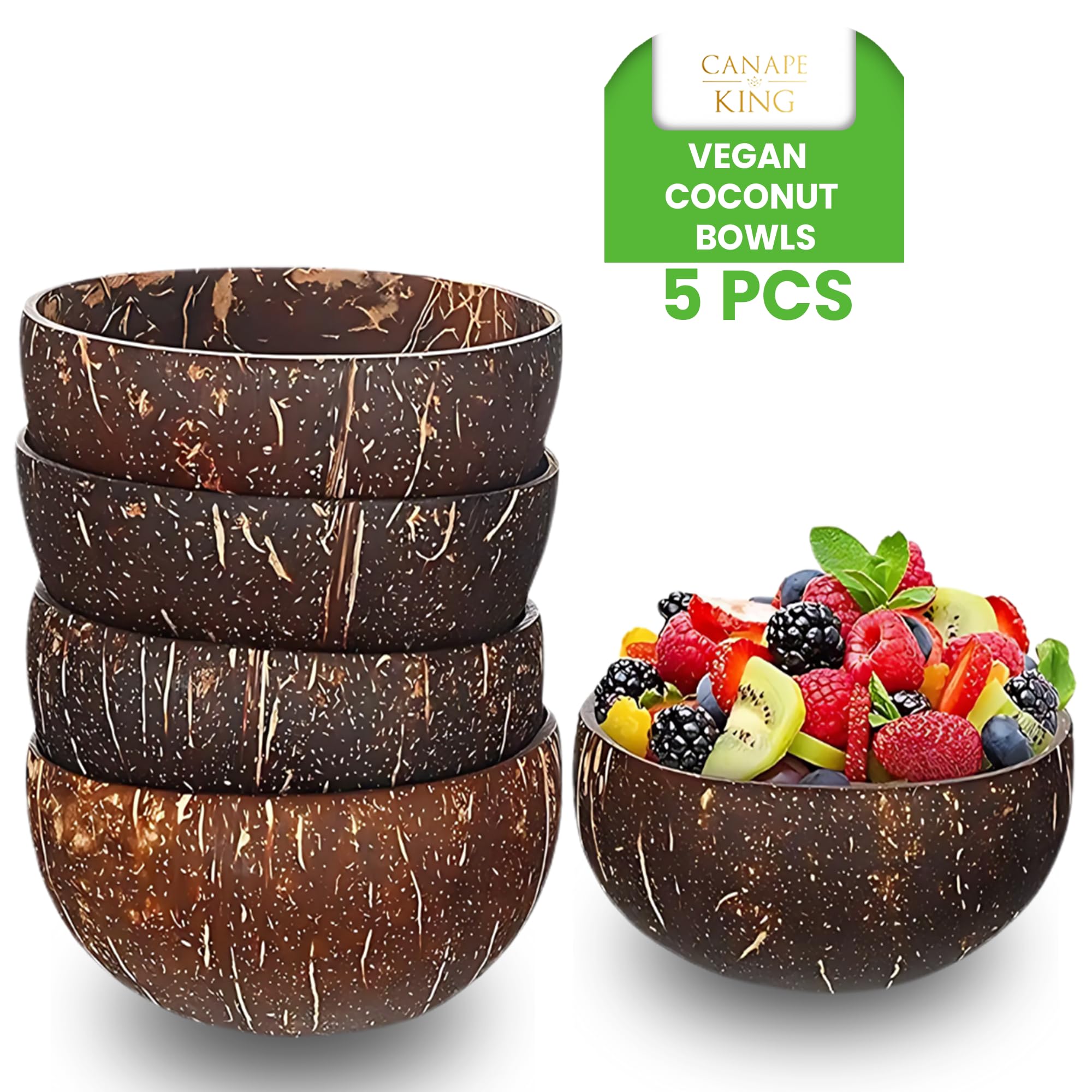 Canape King 5pcs Mini Coconut Bowls | Handmade 7cm Wooden Serving Eco-Friendly Smoothie Bowl Polished with Organic Oil | Perfect for Pasta Cereal Açai Salad & Smoothies