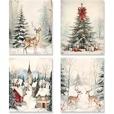 KSDUT Christmas Wall Art Decor Set of 4 - Retro Winter Snowy Artwork Poster Vintage Pine Tree Deer Town Holiday Landscape Wall Decor for Home Farmhouse Bedroom Decorations - 12"x16" Unframed