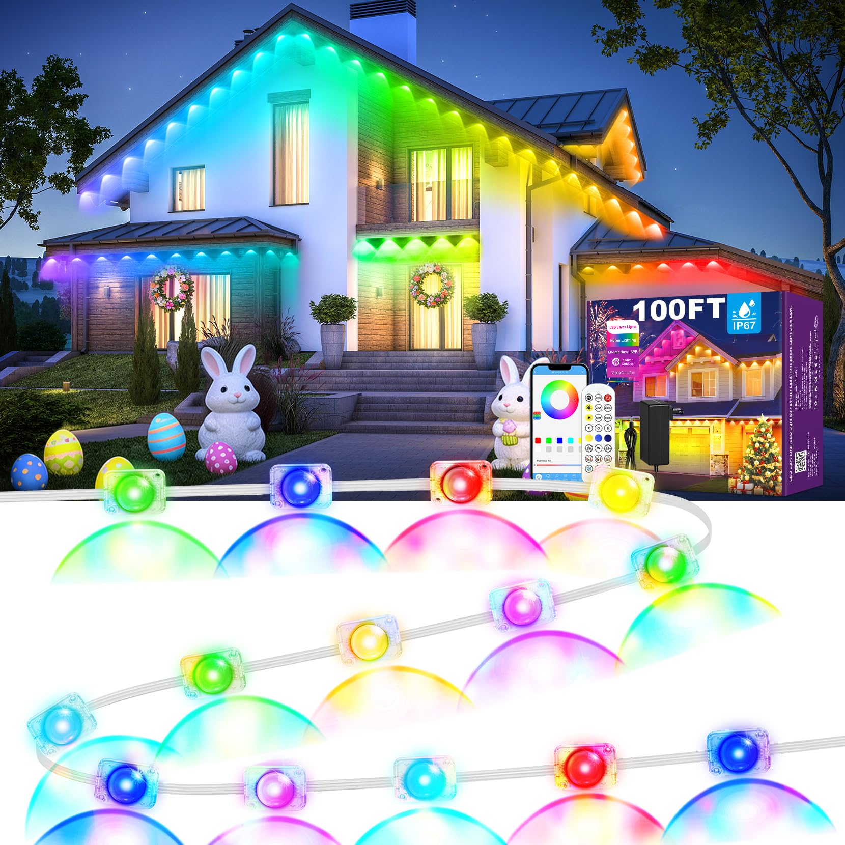 Photo 1 of MUCCCUTE Permanent Outdoor Lights for Easter100ft RGB + IC Eaves Lights with App & Remote Control, Outdoor String LED IP67 Waterproof for Holidays New Year July 4th Roof Eaves House Garden Decor