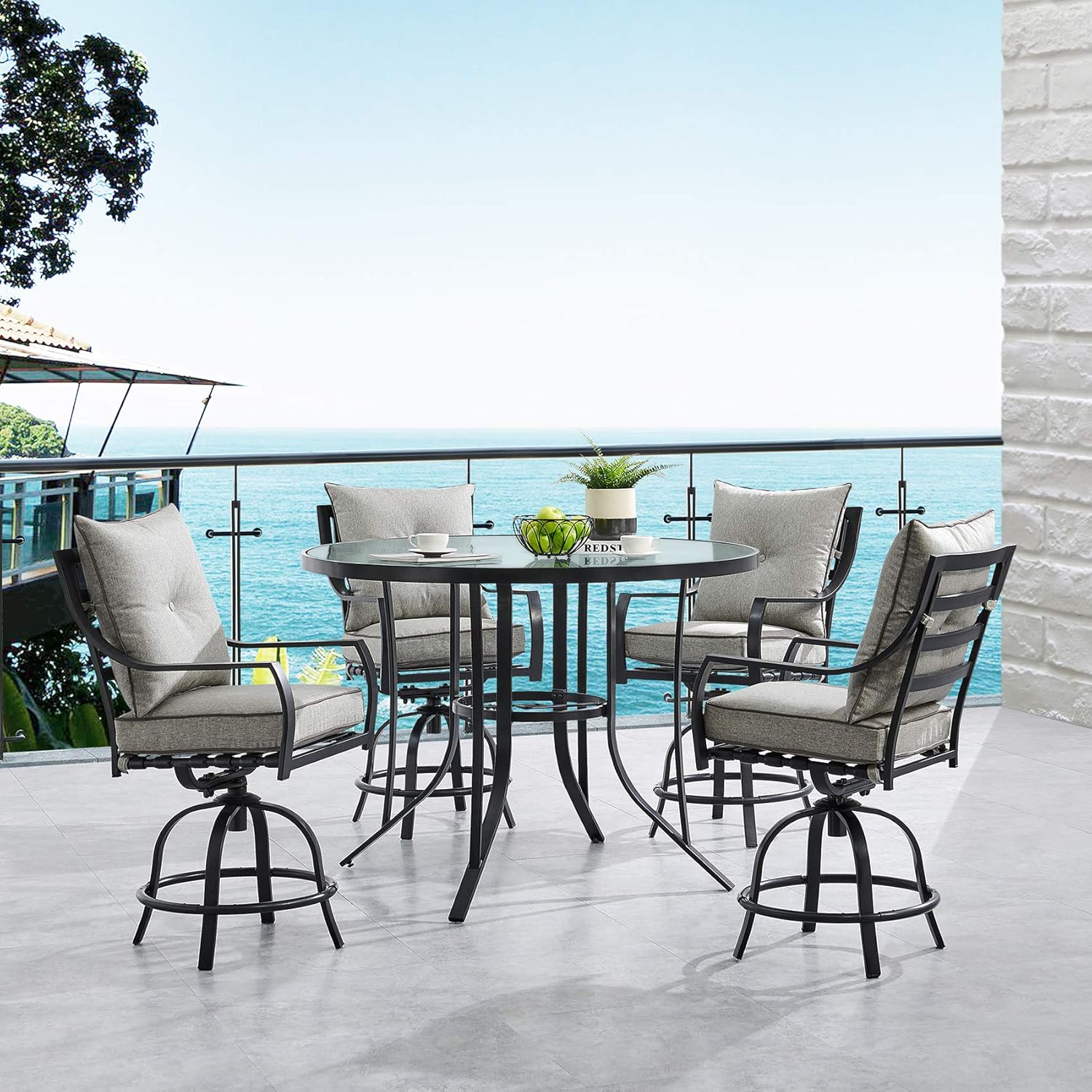 Hanover LAVDN5PCBR-SLV Lavallette 5-Piece Counter-Height Silver Linings with 4 Swivel Chairs and a 52-in. Round Glass-Top Table Outdoor Dining Set