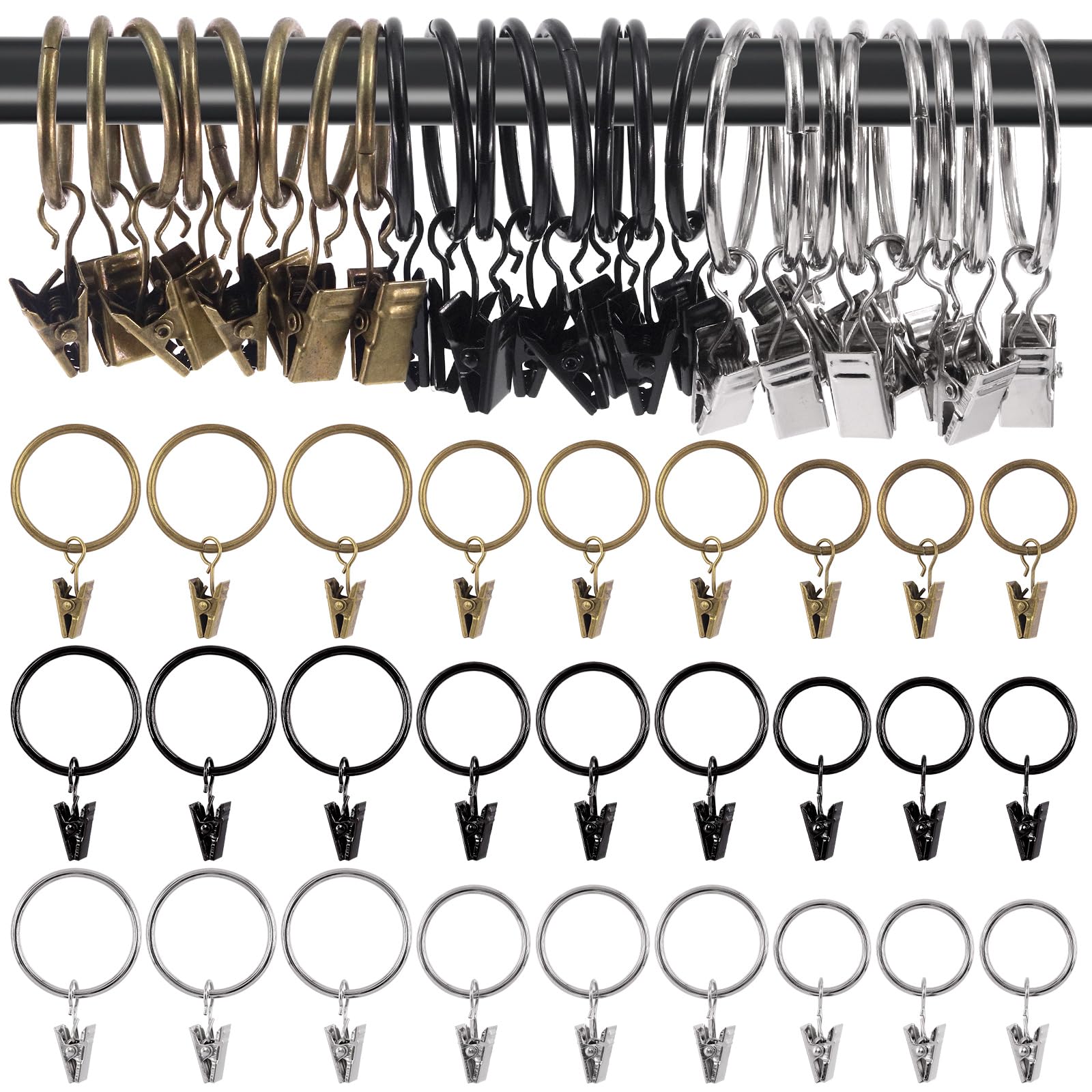 Mardatt 40Pcs Curtain Rings with Clips, 1" Interior Diameter Drapery Curtain Clip Rings Shower Curtain Rings Curtain Hooks Hangers Clip Rings for Window Bathroom Home and Kitchen(Bronze)