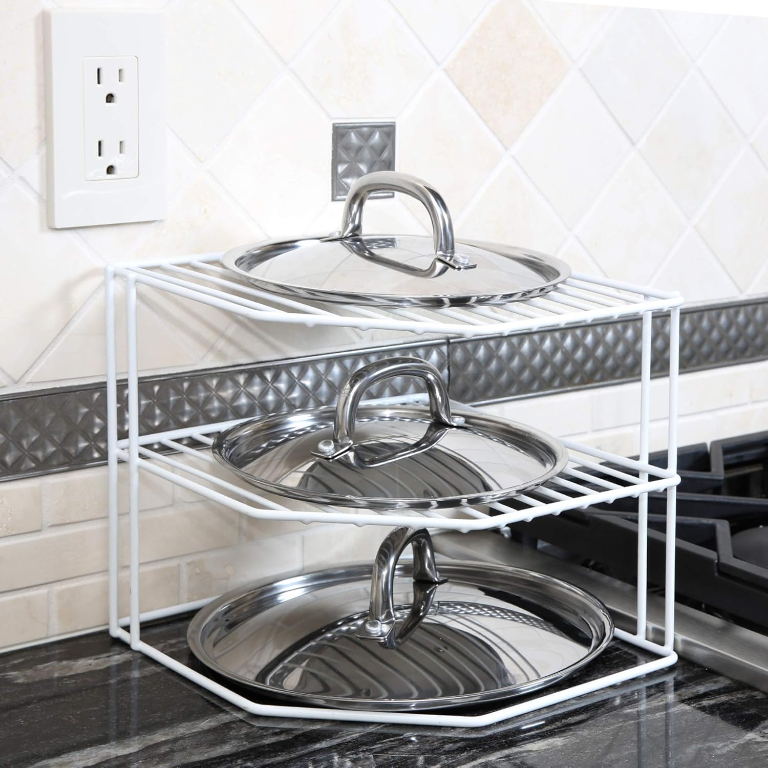 Smart Design 3-Tier Kitchen Corner Shelf Rack - Steel Metal Wire - Rust Resistant - Plates, Dishes, Cabinet & Pantry Organizer - Kitchen Organization (9 x 8 Inch) [White]: Food Savers: Kitchen & Dining
