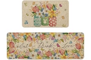 Artoid Mode Flowers Vase Butterfly Spring Kitchen Mats Set of 2, Seasonal Home Decor Leaves Low-Profile Kitchen Rugs for Floor - 17x29 and 17x47 Inch