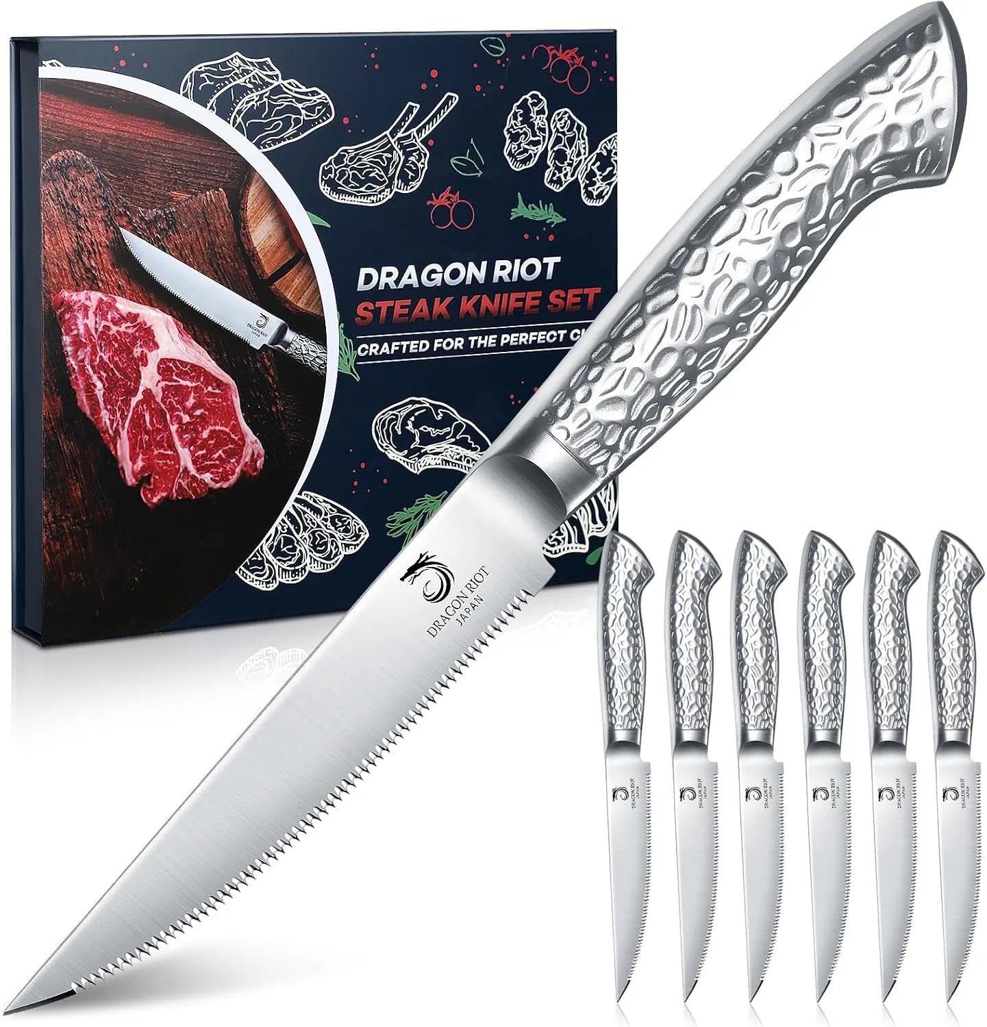 DRAGON RIOT Steakmesser Set 6-teiliges Steakbesteck mit Sägezahnklingen aus japanischem Edelstahl, spülmaschinengeeignet inklusive Aufbewahrungsbox