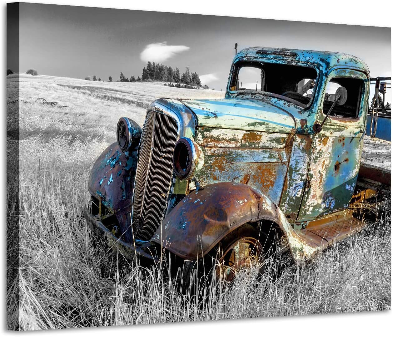 Rusty Truck Canvas Wall Art: Vintage Blue Car Pictures Country Artwork Prints for Living Room (45