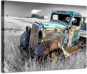 Rusty Truck Canvas Wall Art: Vintage Blue Car Pictures Country Artwork Prints for Living Room (45