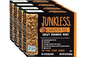 JUNKLESS Chewy Granola Bars, Cinnamon Roll, 24 bars (6 x 1.1 oz bars/box – 4 boxes), Non-GMO, low sugar, great tasting, made for kids & families