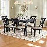 LUXOAK 7-Piece Solid Wood Dining Table Set, 60" Farmhouse Dining Table with 6 Chairs, Rectangular Table Set for 6, Kitchen & Dining Room Furniture, Grey & White
