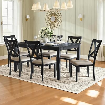 LUXOAK 7-Piece Solid Wood Dining Table Set, 60" Farmhouse Dining Table with 6 Chairs, Rectangular Table Set for 6, Kitchen & Dining Room Furniture, Grey & White