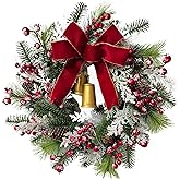 Lnymura 20 Inch Lighted Christmas Wreath with Bells Xmas Wreath with Timer Snow Flocked Red Berries Pine Needles Gold Christmas Bells and Red Bow for Outdoor Home Wall Window Holiday Decor