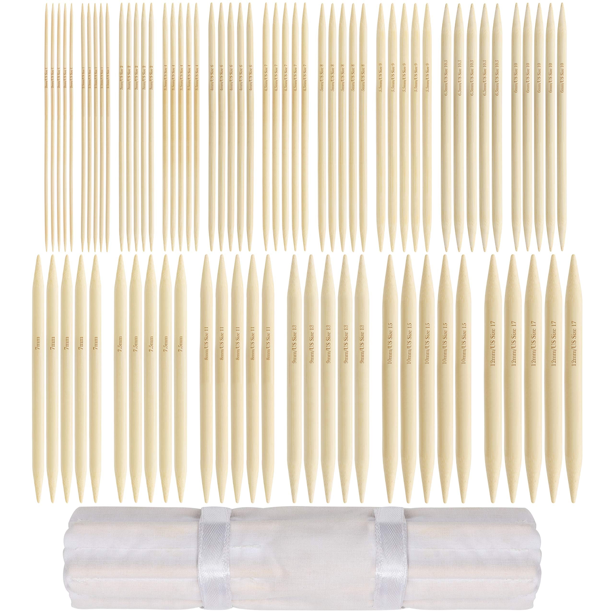 Curtzy Double Ended Bamboo Knitting Needles with Storage Pouch (80 Pieces) - 2mm to 12mm Sizes - 25cm / 10 inches - Pointed Needle Set for Beginners