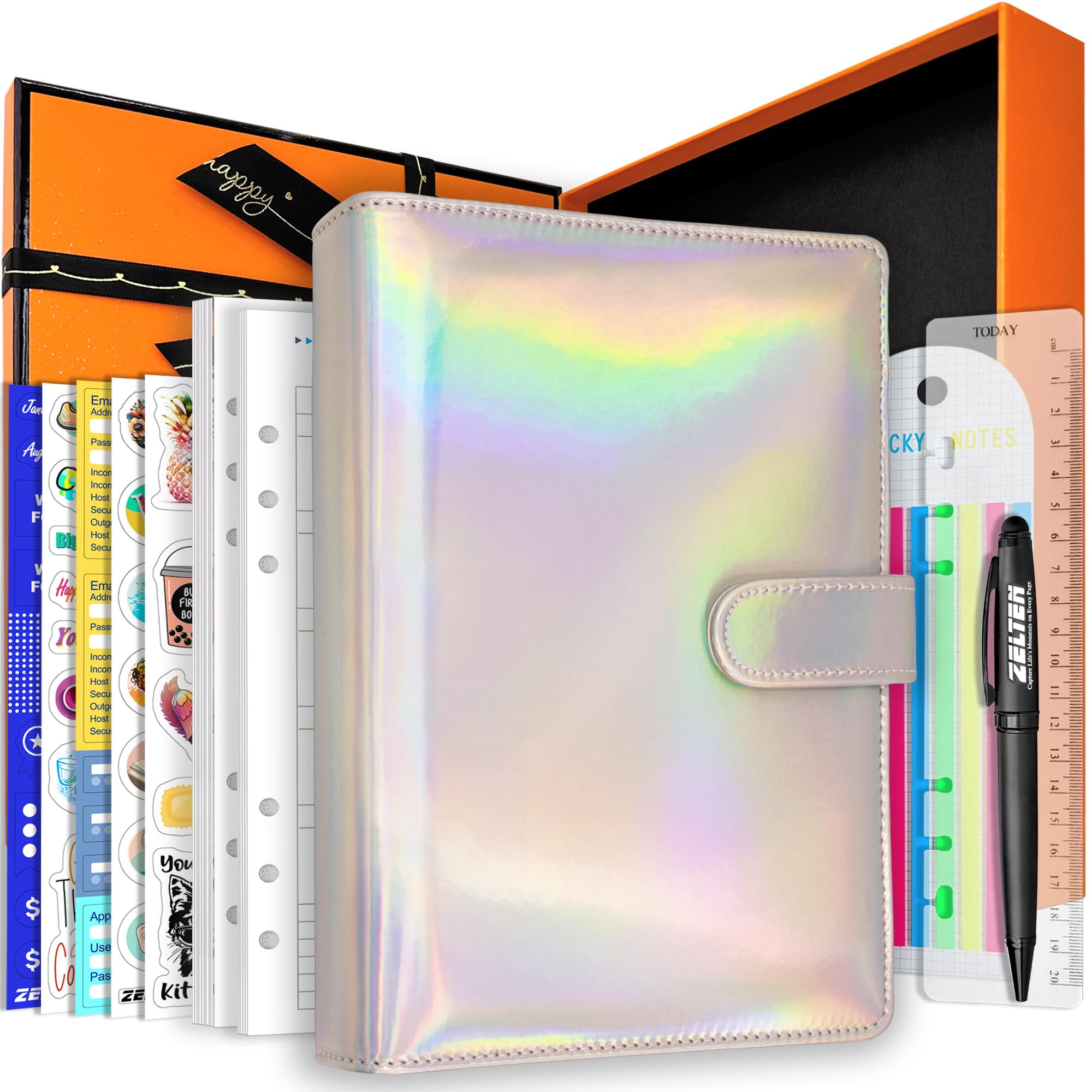 Zelten PU Leather Personal Notebook Planner with 67 Pages Loose-Leaf Papers 6 Holes Ring Binder Pen Holder Magnetic Buckle (Rainbow,A5 Gift Box)