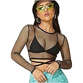 SHENHE Women's Fishnet Crop Top Sheer Mesh Long Sleeve Criss Cross Fitted Night Out Tops