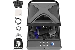 MD MADOATS Car Gun Safe, Portable Biometric Safes for Pistols with Cable, Fingerprint & Keypad & Key Access Handgun Lock Box for Vehicle Travel Home