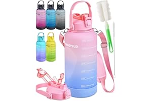 EnergyBud 1 Gallon Water Bottle Removable Straw And Handle Dishwasher-Safe BPS & BPA & DEHP Free +2 Brushes Big/Large Bottle With Time Markers Wide Mouth Leakproof 128 oz Jug (Pink & Purple)