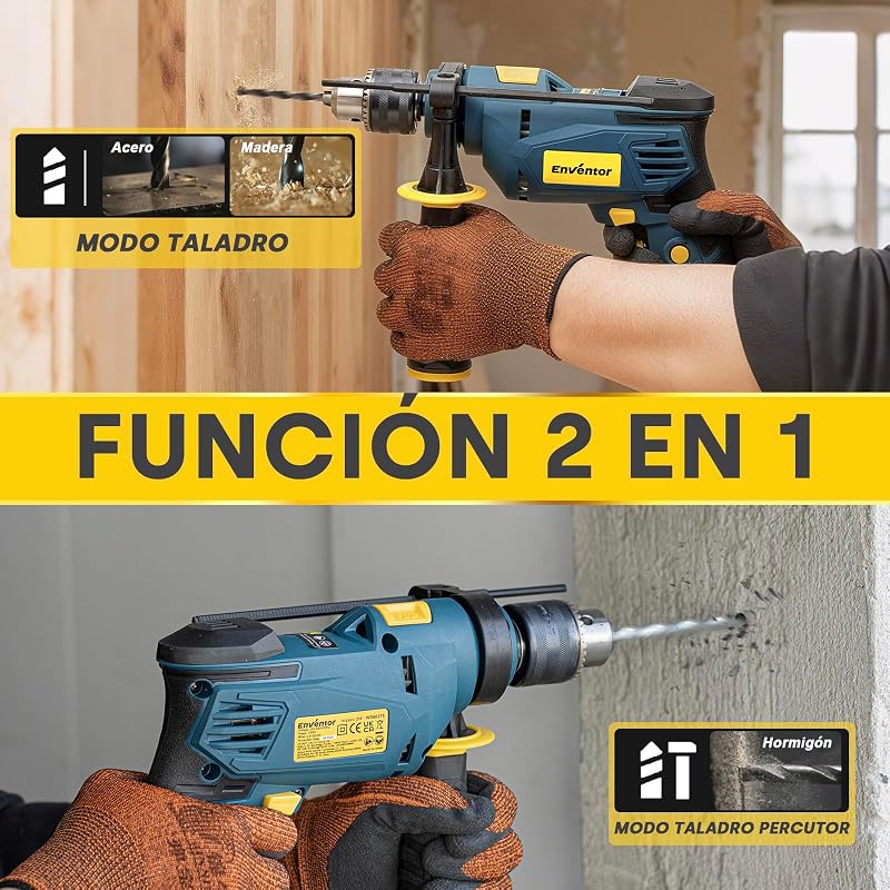 Taladro Percutor con Cable 750W, Mango Auxiliar de 360°
