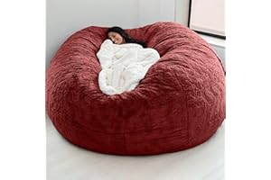 UUABAEF Giant Fur Bean Bag Chair Cover for Kids Adults, (No Filler) Living Room Furniture Big Round Soft Fluffy Faux Fur Beanbag Lazy Sofa Bed Cover (Burgundy, 5FT)