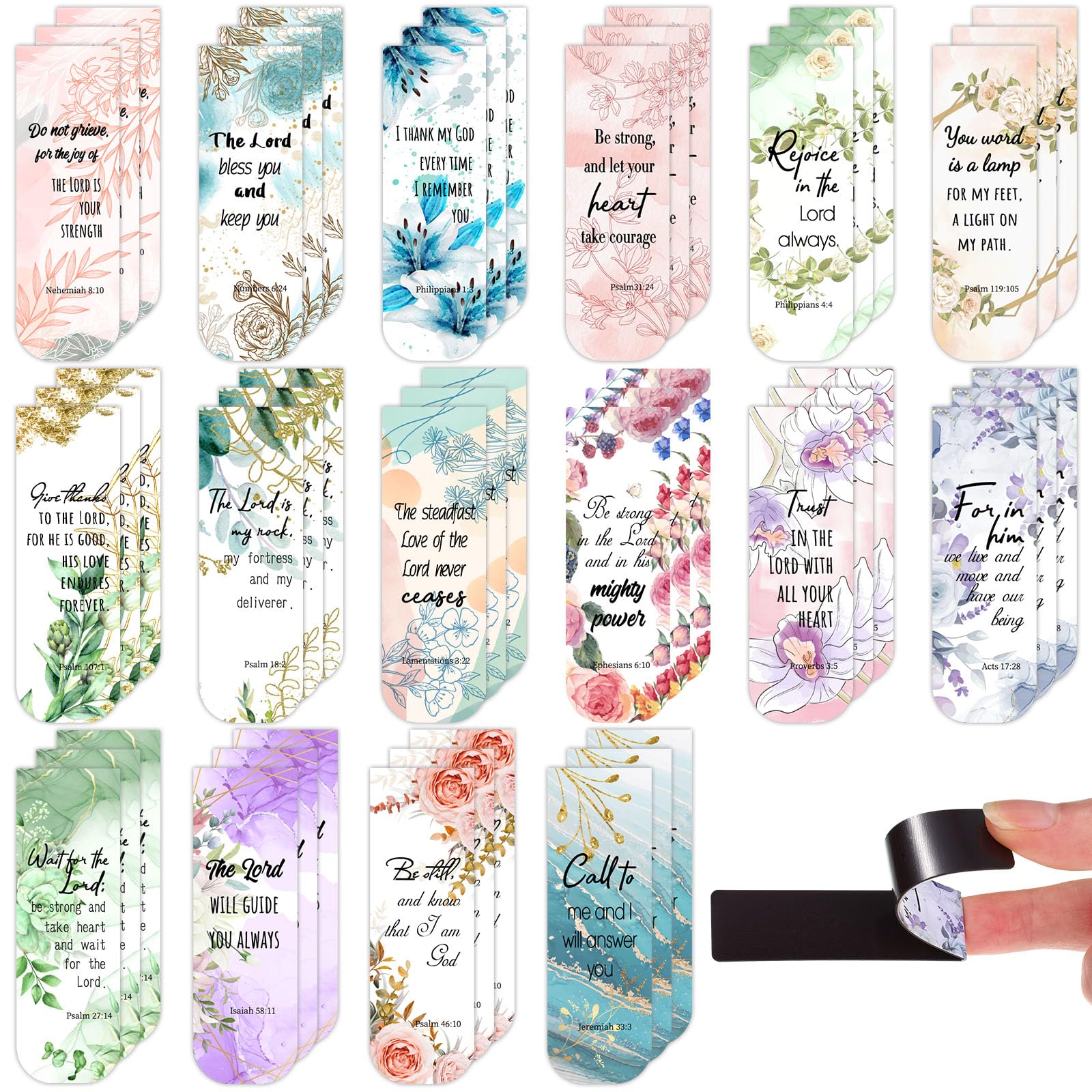 Zonon 48 Pcs Bible Verse Magnetic Christian Bookmarks, 0.8x4.7in Inspirational Scripture Book Markers for Women Men Religious Motivational Flower Page Clips Book Lovers Reading Gifts(Stylish Style)