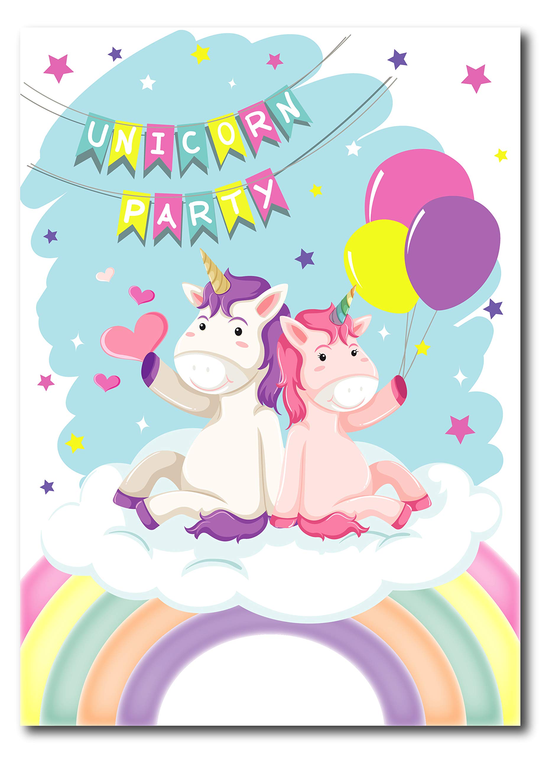 12 x Unicorn Rainbow Balloon Birthday Party Invitations - Includes Stickers & Pink Envelopes (No Age)