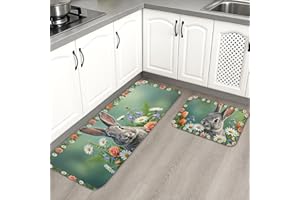 Spring Floral Kitchen Mats for Floor, Rabbit and Flower Pattern Soft Mats, Cushioned Comfort Washable Non Slip Decor Rugs for