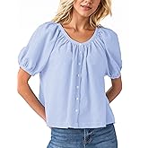 MISSACTIVER Plaid Puff Short Sleeve Shirts Women Button Down Crew Neck Babydoll Tops Summer Flowy Gingham Peplum Blouse