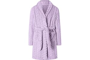Umeyda Girls Soft Fleece Bathrobe, Cable Plush Hoodless Warm Robes with Belt Pockets for Kids, 2-15Y