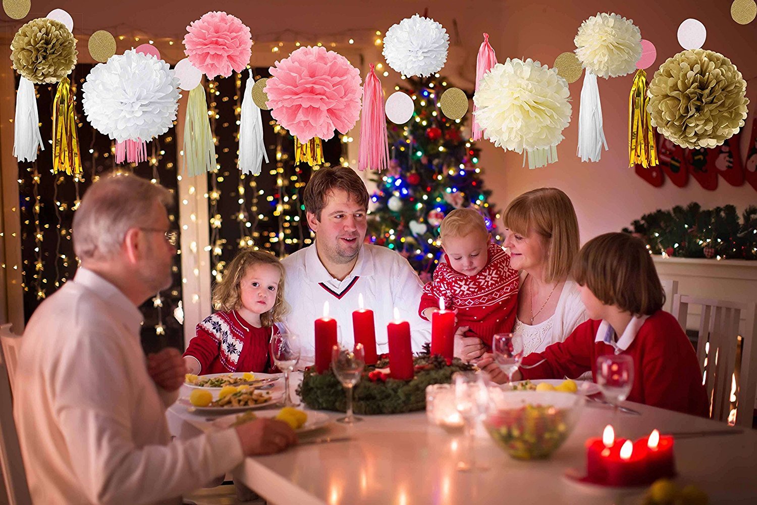 Rubikliss 30 Pcs Tissue Paper Pom Poms Flowers Tissue Tassel Garland Polka Dot Paper Garland Kit for Wedding Party Decorations