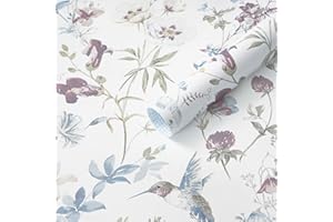 Ismoon Floral Peel and Stick Wallpaper Blue and White Contact Paper Flower Hummingbird Bird Wall Paper Removable Self Adhesiv