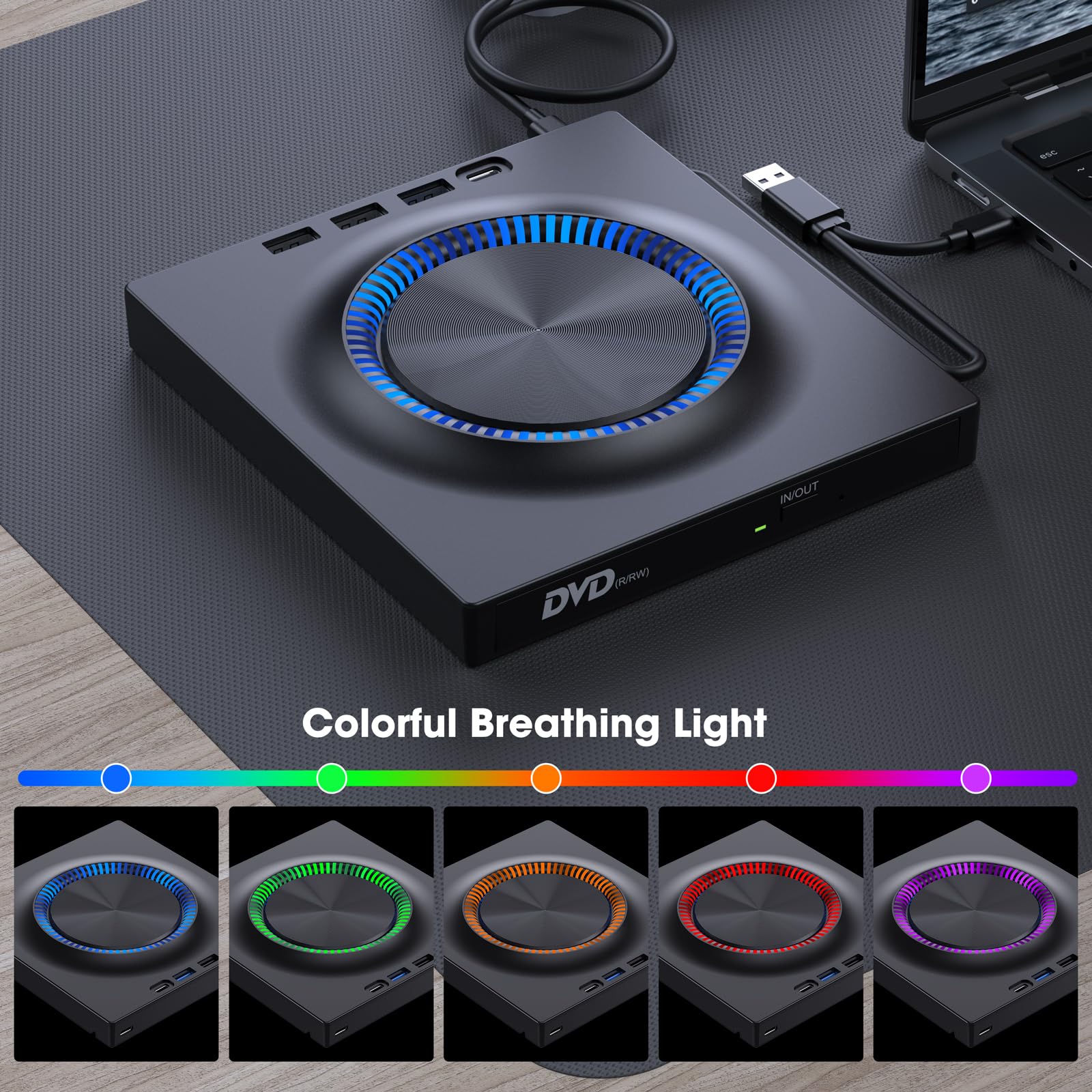 ROOFULL External DVD Drive, CD Drive Burner DVD Player with USB 3.0 & USB-C Hub and SD Card Reader, Portable DVD CD ROM +/-RW Disk Drive Writer for Laptop Mac Windows 11/10/8/7 Linux Computer PC