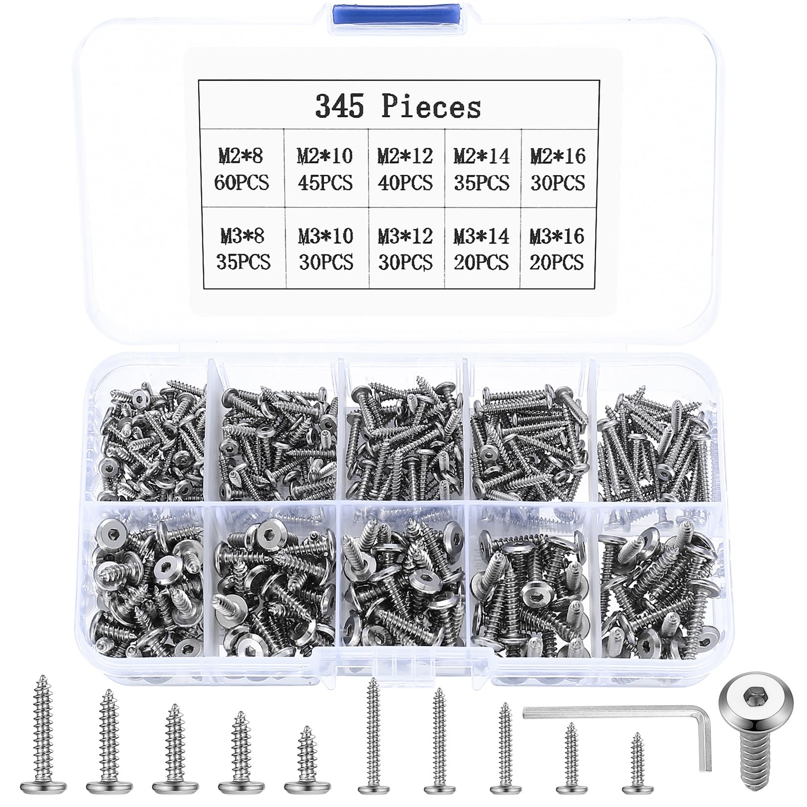 345 Pcs M2 M3 Self Tapping Screws for Wood Screws Assortment Set, Round Head Hex Socket Head Cap Screws, Flat Head Socket Self-Tapping Screws, Furniture Screws for Sheet Metal Screws