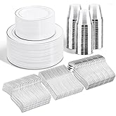 WELLIFE 600 Pcs Sliver Disposable Dinnerware for 100 Guests, Dinnerware Set of 100 Dinner Plates, 100 Salad Plates, 100 Spoons, 100 Forks, 100 Knives, 100 Cups