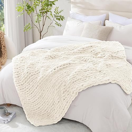 WRENSONGE Chunky Knit Blanket Throw Ivory Large Soft Fluffy Cable
