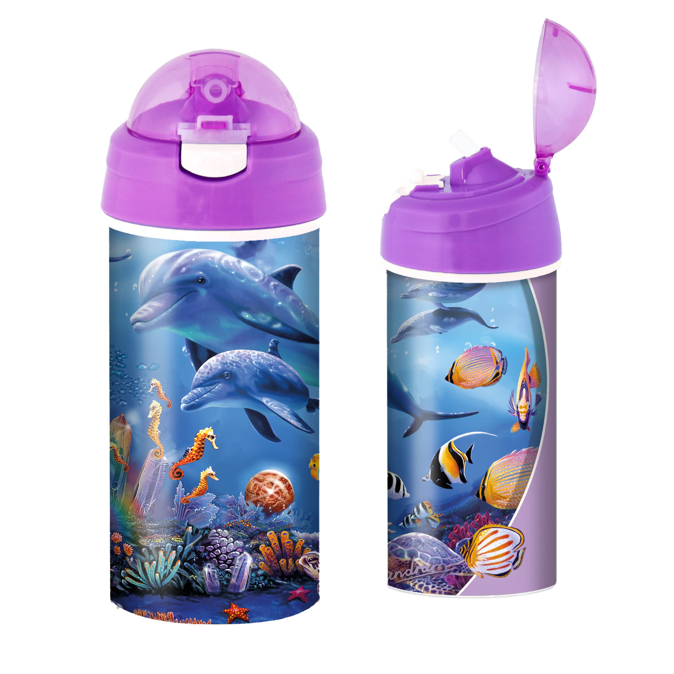 3D LiveLife Drinking Bottle - Seahorse Kingdom from Deluxebase. 3D Lenticular 600ml BPA Free Reusable Purple Water Bottle with Straw & Flip Top Lid. Leak Proof Animal Drinks Bottle with Dolphin Design — image 1