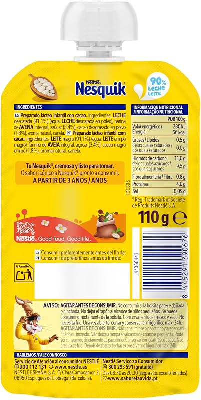 NESTLÉ NESQUIK Saco de Cacau, para crianças a partir dos 3 anos, saco de 110g