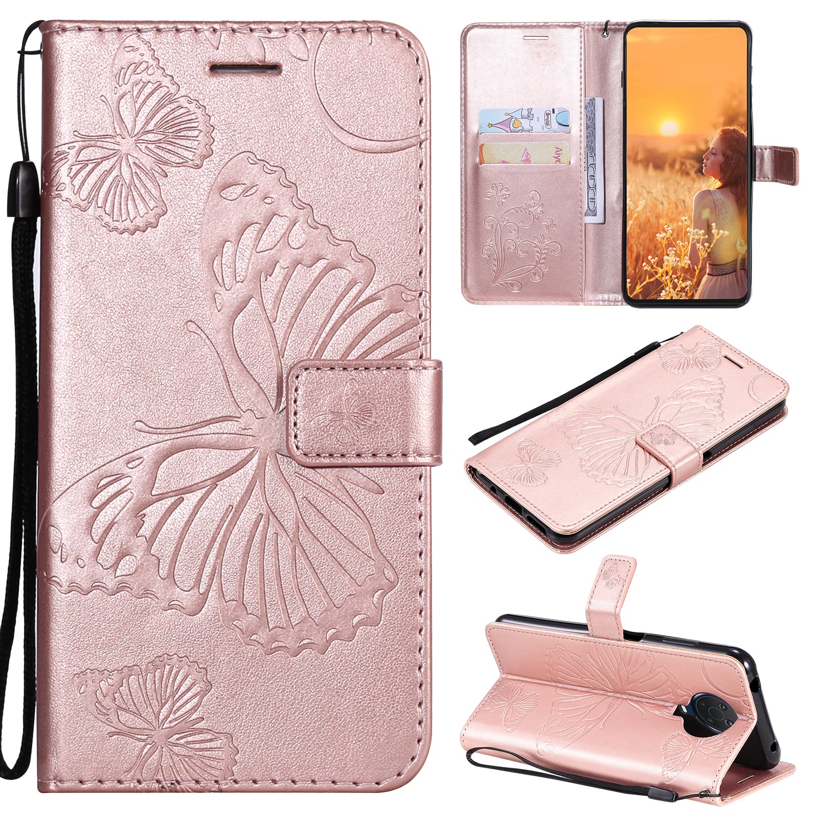 Nokia G10 Case, Nokia G20 Case, Shockproof Wallet Cover Embossed Butterfly PU Leather Flip Case TPU Bumper Protective Phone Cover for Nokia G10/G20 with Magnetic Closure Card Holder Stand, Rose Gold