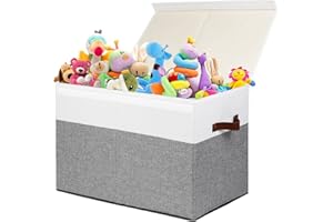 GOWEE Large Toy Storage Box with Lid, Sturdy Toys Storage Chest Bin Organizer Basket with Dividers for Kids, Boys, Girls, Nursery, Closet, Bedroom, Playroom 25"x13" x16" (Grey and White)