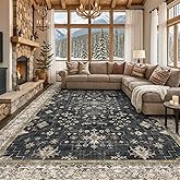 Black Boho Rug for Living Room 9x12 - Washable Dining Room Rugs for Under Table, Vintage Soft Low Pile Carpet for Bedroom, Non-Slip Farmhouse Bohemian Large Tumble Rug for High Traffic Area