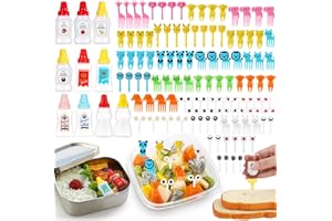 Sunnychicc 130 Pcs Bento Box Accessories for Kid Including 8 Pcs Plastic Portable Mini Ketchup Bottles 2 Pcs Bear Shaped Condiment Squeeze Bottle 120 Pcs Animal Food Picks for Salad Dressing Soy Sauce