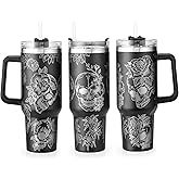 40oz Skull Flower Tumbler With Lid and Straw, 40oz Tumbler Wrap, Stainless Steel Insulated Tumbler for Water, Iced Tea or Coffee - Unique Gift